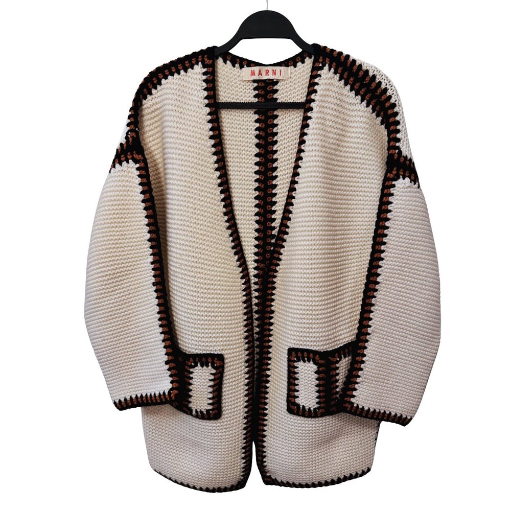Marni Hand-Knit 100% Cashmere Cardigan Cream with Contrast Trim
